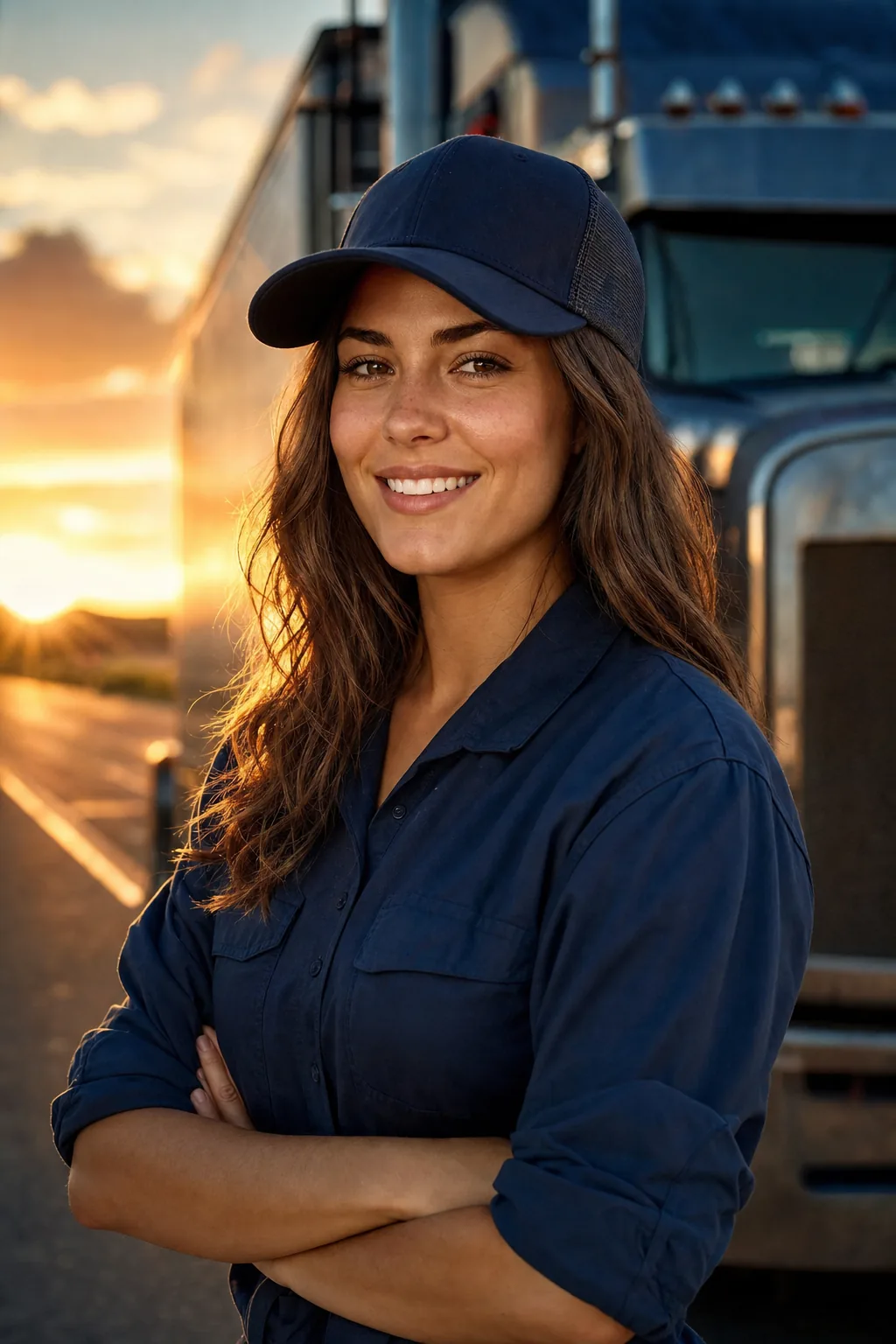 Teri, the TruckLife guide, in a navy cap in front of a semi-truck